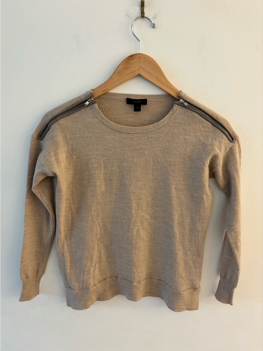 J. Crew - 100% Merino Wool Light Brown Zip-Shoulder Crewneck Sweater, Size XS